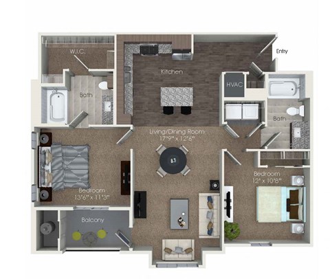 Floor plan for 2 beds, 2 baths, 1097 sqft